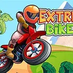 Motorkár v oranžovej prilbe jazdí na červenej motorke v prírodnom prostredí s nápisom Extreme Bikers v pozadí