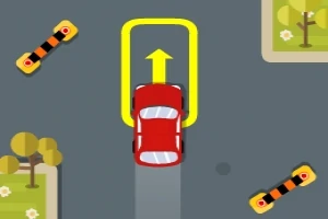 Červené auto sa pohybuje po ceste so žltou šípkou za ním, obklopené stromami a bariérami