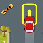 Červené auto sa pohybuje po ceste so žltou šípkou za ním, obklopené stromami a bariérami
