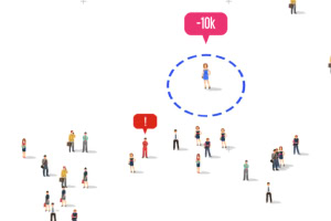Malé postavy rozmiestnené po bielom pozadí s modrým kruhom okolo jednej z postáv a červenou bublinou s textom -10k