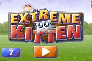 Farebný nápis s veľkými písmenami „Extreme Kitten“ s roztomilou kreslenou mačkou a vtáčikom na zelenom pozadí, obsahuje tlačidlá otáznik a trojuholník na prehrávanie