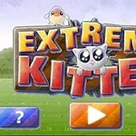Farebný nápis s veľkými písmenami „Extreme Kitten“ s roztomilou kreslenou mačkou a vtáčikom na zelenom pozadí, obsahuje tlačidlá otáznik a trojuholník na prehrávanie