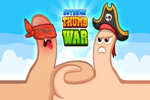 Dva palce s tvárami a kostýmami, pirát a zápasník, stoja proti sebe na modrom pozadí s logom Extreme Thumb War