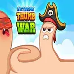Dva palce s tvárami a kostýmami, pirát a zápasník, stoja proti sebe na modrom pozadí s logom Extreme Thumb War