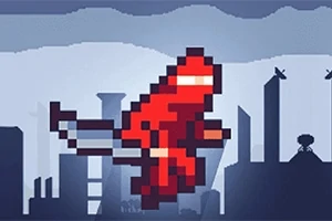 Pikselová postava v červenom obleku letí nad mestskou krajinou na raketovom pohone