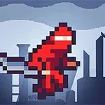 Pikselová postava v červenom obleku letí nad mestskou krajinou na raketovom pohone