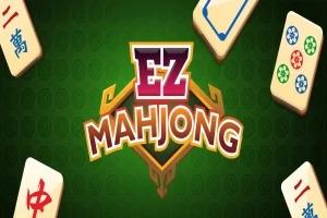 Na zelenom pozadí sú rozmiestnené mahjongové kameňové dlaždice s textom EZ Mahjong uprostred