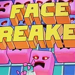 Nápis FACE BREAKER nafarbený nažlto s 3D efektom pred ružovými a modrými kockami s červenými očami