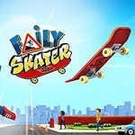 Kreslená postavička vo vzduchu vedľa skateboardu na pozadí mesta s modrou oblohou