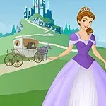 Princezná v fialových šatách s korunou stojí pred kočom na pozadí s hradom