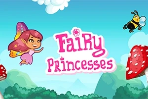 Víla s farebnými krídlami lieta v kreslenom lese s veľkými muchotrávkami a včelou na modrom pozadí s nápisom Fairy Princesses