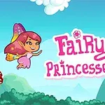 Víla s farebnými krídlami lieta v kreslenom lese s veľkými muchotrávkami a včelou na modrom pozadí s nápisom Fairy Princesses