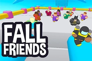 Kreslené postavičky rozličných farieb bežia po aréne s názvom Fall Friends v popredí
