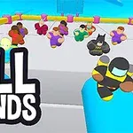 Kreslené postavičky rozličných farieb bežia po aréne s názvom Fall Friends v popredí