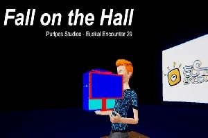 Muž s oranžovými vlasmi drží veľký modro-červený objekt na tmavom pozadí s nápisom „Fall on the Hall“ hore
