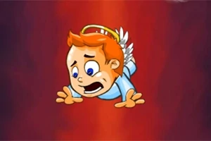 Anjelik s oranžovými vlasmi a vystrašeným výrazom padá dole na červenom pozadí