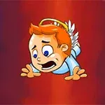 Anjelik s oranžovými vlasmi a vystrašeným výrazom padá dole na červenom pozadí