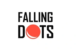 Text FALLING DOTS s červenou bodkou nahrádzajúcou písmeno O