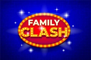 Jasne osvetlený červený oválny nápis FAMILY CLASH na modrom pozadí s hviezdičkami