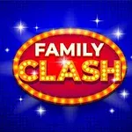 Jasne osvetlený červený oválny nápis FAMILY CLASH na modrom pozadí s hviezdičkami
