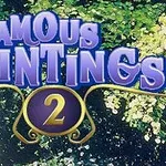 Názov Famous Paintings 2 v fialových písmenách nad obrazom ženy s dáždnikom v záhrade