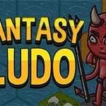 Postavy s mečom a diablom na farebnom pozadí s textom „Fantasy Ludo“