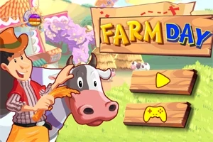 Farmár v klobúku stojí vedľa kravy na farme s drevenými tlačidlami a nápisom Farm Day na pozadí
