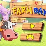 Farmár v klobúku stojí vedľa kravy na farme s drevenými tlačidlami a nápisom Farm Day na pozadí