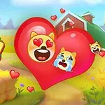 Veľké červené srdce s emotikonmi psíkov vyjadrujúcimi rôzne emócie na farebnom pozadí farmy