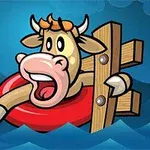 Kreslená krava s vystrašeným výrazom, plávajúca na červenom kruhu a drevenej doske na vode s vlnami