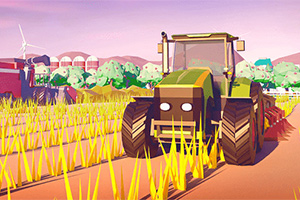 Traktor na poli plnom zlatého obilia s veternou turbínou a zeleňou v pozadí