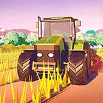 Traktor na poli plnom zlatého obilia s veternou turbínou a zeleňou v pozadí