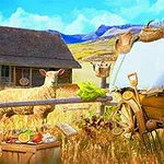 Ovca stojí na farme pred dreveným domom, obklopená vidieckymi predmetmi a zásobami
