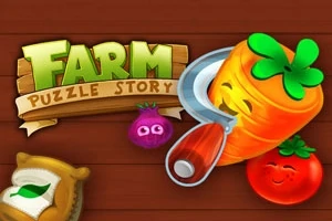 Farebná ilustrácia usmiatej mrkvy, cibuľky a paradajky na drevenom pozadí s textom Farm Puzzle Story