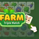 Farebná grafika s ilustráciami zeleniny a ovocia, nápisom FARM Triple Match a kresbou bielych zajačikov
