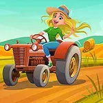 Žena v klobúku šoféruje červený traktor na ceste cez pole s balíkmi slamy na pozadí