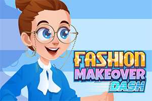 Usmievavá kreslená žena s okuliarmi a drdolom v modrom oblečení vedľa farebného nápisu Fashion Makeover Dash