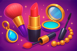 Kozmetické produkty na fialovom pozadí vrátane rúžu, štetca, očných tieňov, náhrdelníka a náušnice