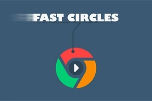 Nápis FAST CIRCLES nad farebným kruhovým logom s tlačidlom prehrávania na tmavomodrom pozadí