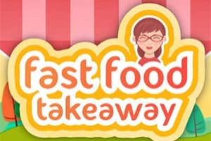 Nápis fast food takeaway s ilustráciou osoby s okuliarmi na farebnom pozadí s pruhmi