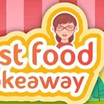 Nápis fast food takeaway s ilustráciou osoby s okuliarmi na farebnom pozadí s pruhmi