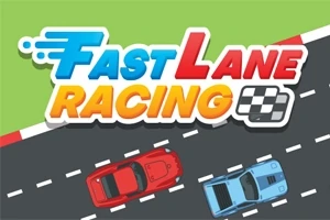 Dve pretekárske autá, červené a modré, na štvroprúdovej ceste s logom Fast Lane Racing a šachovnicovou vlajkou na vrchu