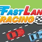 Dve pretekárske autá, červené a modré, na štvroprúdovej ceste s logom Fast Lane Racing a šachovnicovou vlajkou na vrchu
