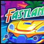 Žlté športové auto s výzbrojou na prednej časti na farebnej ceste, so zeleným názvom Fastlaners hore