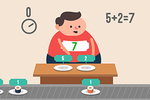 Muž v červenom tričku stojí za stolom s dvoma taniermi a číslami 5 a 2, vedľa je rovnicu 5+2=7 a na páse bežia taniere so sushi