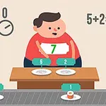 Muž v červenom tričku stojí za stolom s dvoma taniermi a číslami 5 a 2, vedľa je rovnicu 5+2=7 a na páse bežia taniere so sushi