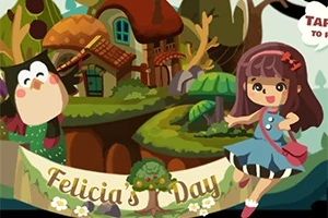Dievča a kreslená sova pred lesným domčekom s nápisom Felicias Day