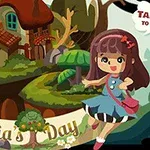 Dievča a kreslená sova pred lesným domčekom s nápisom Felicias Day