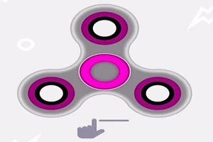 Ružový a sivý fidget spinner s troma ramenami, pod ktorým je grafická ikona ruky ukazujúcej smerom doprava