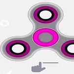 Ružový a sivý fidget spinner s troma ramenami, pod ktorým je grafická ikona ruky ukazujúcej smerom doprava
